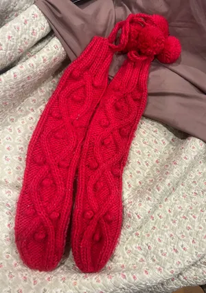 Women's Red Cable-Knit Pom-Accent Leg Warmers - Unbranded thumbnail 1