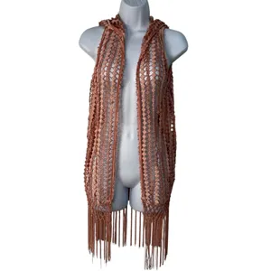 POL Duster Vest Crochet Fringe Trim Hood Size S‎ Dark Blush Pink Boho Rave Indie thumbnail 7