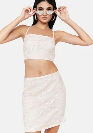 Dolls Kill NWT Vintage Y2K inspired sequin baby pink lace mini skirt M thumbnail 2