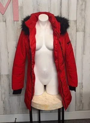 Michael Kors Women Red Puffer Coat Faux Fur Hood Winter Jacket Size thumbnail 1