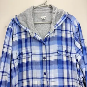 LL Bean Blue Plaid Sherpa Lined Flannel Hoodie Shirt Jacket Shacket Pockets 3X thumbnail 3