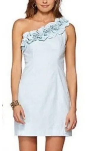 NWT Lilly Pulitzer Vivienne Shorely Blue Seersucker One-Shoulder Dress Sz 4 thumbnail 1
