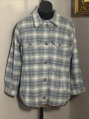 American Eagle Outfitters AEO Medium Blue Plaid Utility Shacket Jacket thumbnail 2