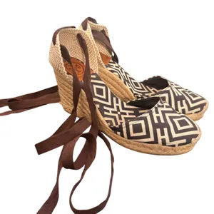 Tory Burch Wedge Espadrille Lace‎ Up Ankle Strap 38 Geometric Canvas Resortwear thumbnail 6