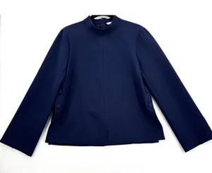 Zara Women M Navy Mock Neck Top Side Buttons Flared Sleeve Quiet Luxury Modern thumbnail 1