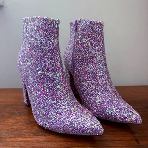 Allegra K Glitter Pointed Toe Chunky Heel Ankle Boots thumbnail 2