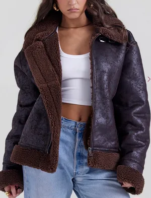 NWT House of CB Brown Vegan Shearling Aviator Jacket Women's Size: L+ thumbnail 1
