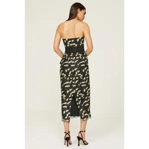 RTR Sz 4 Shoshanna Valerie Black Gold Leaf Strapless Bow Waist Midi Dress thumbnail 3