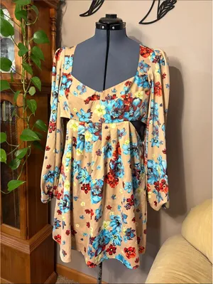 AFRM Beige Floral Long Sleeve Mini Dress with Blue & Red Blooms New w/o Tags thumbnail 2