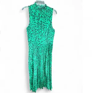 Banana Republic Midi Pleated Dress Green Satin Party Holiday Animal Print size M thumbnail 2