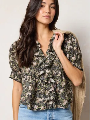 Natural Life My Favorite Cotton Top Black Flung Floral Ruffle Cotton Size XL thumbnail 1