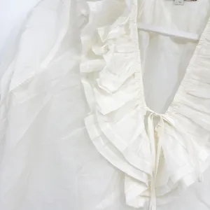 LOFT Womens Ivory Ruffle V-Neck Romantic Victorian Cottagecore Sheer Blouse L thumbnail 3