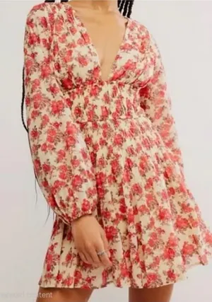 Free People "Keep You" Floral Long Sleeve Mini Dress‎ Smocked Waist Boho Size S thumbnail 1