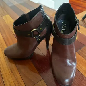 Cole Haan Ankle Boots High Heel Booties Two Tone Brown Leather Side Zip Buckle thumbnail 1