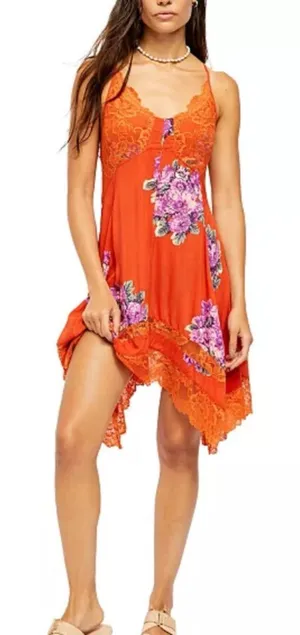 Free people Orange Floral Lace Trim slip Dress with asymmetrical hem, size S thumbnail 1