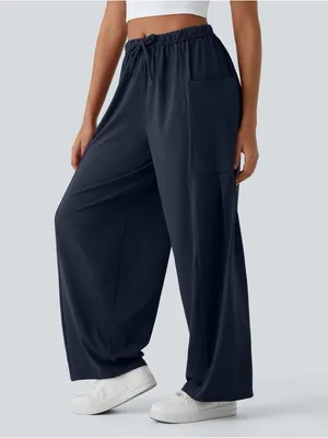 Halara Palazzo Navy Pants Wide Leg Flowy Drawstring Pockets Casual Size S NWT thumbnail 3