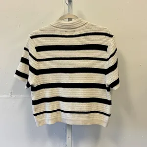 Universal Thread Women's‎ Striped Crochet Polo Knit Sweater White Black Large thumbnail 3