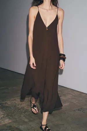 Zara ze collection Brown flowy bohemian casual Sleeveless Dress thumbnail 10