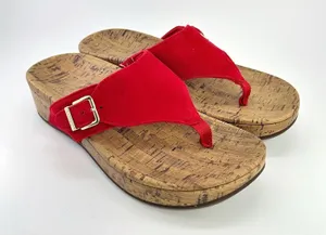 Vionic Orthaheel Marbella Red Textile Thong Buckle Cork Wedge Sandals 8W Coastal thumbnail 1