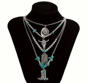 Women’s Bohemian Faux Turquoise & Silver Layered Pendant 4 Pc Necklace Set thumbnail 1