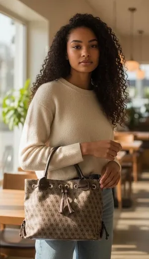Dooney & Bourke Signature Monogram Tote Bag Brown Canvas Leather Trim Drawstring thumbnail 1