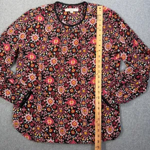 LOFT Women's Medium Black Red Pom Pom Trim Long Sleeve Blouse Top Keyhole thumbnail 7
