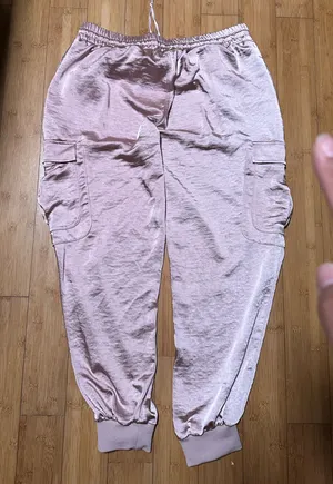 Seleste Drawstring Jogger Pants Pink Satin Cargo Pockets Ankle XL thumbnail 1