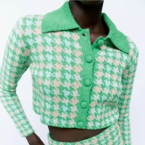 Zara Green‎ Pink Houndstooth Cropped Knit Cardigan Polo Collar Button Front M thumbnail 1