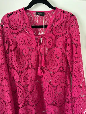 Vici Fuchsia Paisley Lace Crochet Long Sleeve Swim Cover-Up Mini Dress Front Tie thumbnail 5