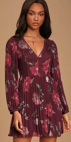 Lulus Win The Day Dress Burgundy Floral‎ Print Pleated Long Sleeve Mini V-Neck thumbnail 1