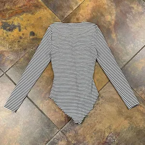 Who What Wear Black White Striped Lace Up Neck Long Sleeve Bodysuit XS thumbnail 8