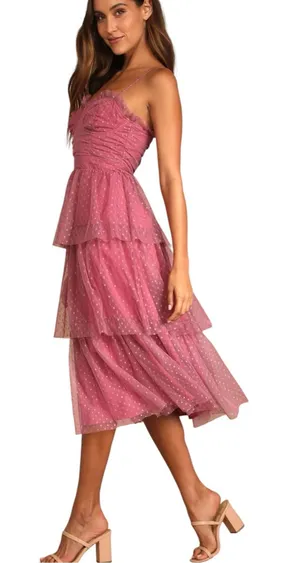Lulu's Sweetheart Style Mauve Polka Dot Bustier Tiered Midi Dress Size S thumbnail 1