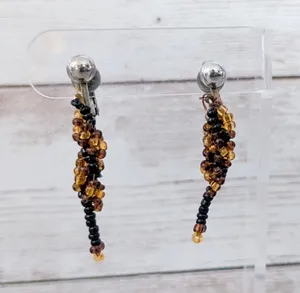 Vintage Clip On Earrings Beaded Dangle Amber Tones & Black thumbnail 1