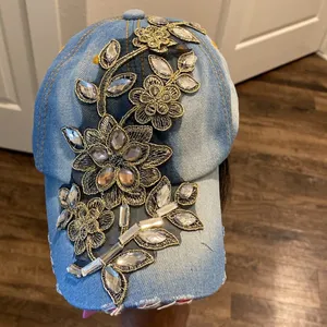 ASHLEY 26 INT Cotton Floral Crystal Accent Thule Needle Denim Statement Ball Cap thumbnail 3