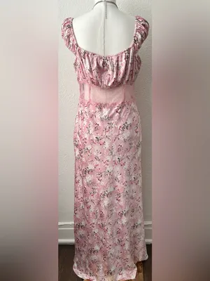 Forever 21 Size L Lace-Trim Midriff Panel Satin Floral Maxi Dress Cap Sleeves thumbnail 3