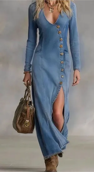 OYROSY V-neck Single-breasted Side-slit Denim Long-sleeved Maxi Dress NWT S thumbnail 1