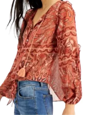 INC International Concepts Rust Paisley Tie-Front Tassel Blouse 1X Bohemian thumbnail 2