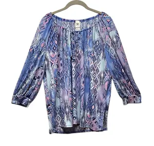 Sew in Love boho peasant blouse multi blue and pink geometric print. Size Large thumbnail 1