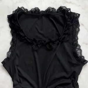Y2K Black Ribbed Lace Trim Top Ruched Side Drawstring Size Medium thumbnail 2
