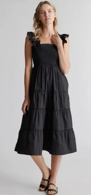 NWT Quince Smocked Midi Dress Black Women's Size XS (100% Organic Cotton) thumbnail 1