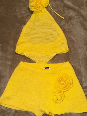 SHEIN Bright Yellow Crochet Floral Accent Top thumbnail 1