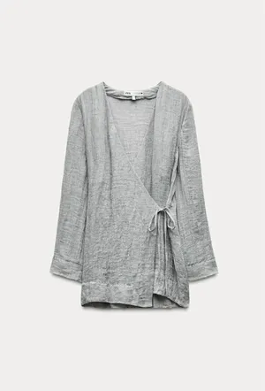 NWOT Zara 100% Linen Kimono Co Ord Matching Set Flowing Trousers wrap top gauze sz M thumbnail 4