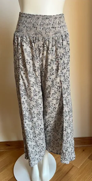 Harem style genie pants Wide Leg Floral Smocked Waist Pants with side slit thumbnail 1