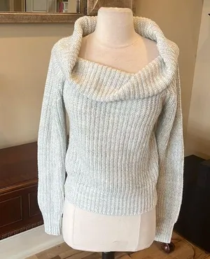 Oversized Cowl Drape Neck Light Gray Crochet Sweater Size XS thumbnail 1