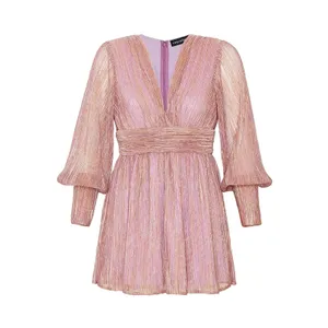Retrofete Dani Pink Gold Lurex Long Sleeve V-Neck Mini Dress Size Small thumbnail 4