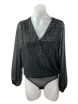 All in Favor Black Metallic Dot Sheer Mesh Long Sleeve Wrap Bodysuit Top Size S thumbnail 1