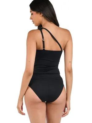 NWT La Blanca Island Goddess One Shoulder Keyhole Tankini Swim Top Black 14 thumbnail 2