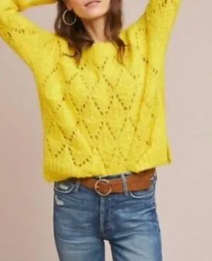 Sleeping on Snow (Anthro) Yellow Crochet Alpaca Sweater Size S thumbnail 10