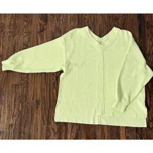 Aerie Wonder Textured V-Neck Sweatshirt Green Waffle Knit Oversized Women M EUC thumbnail 2