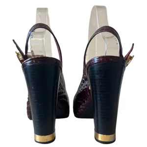Tory Burch Allison Croc Patent Slingback Peep Toe‎ Block Heels 8 Bordeaux thumbnail 3